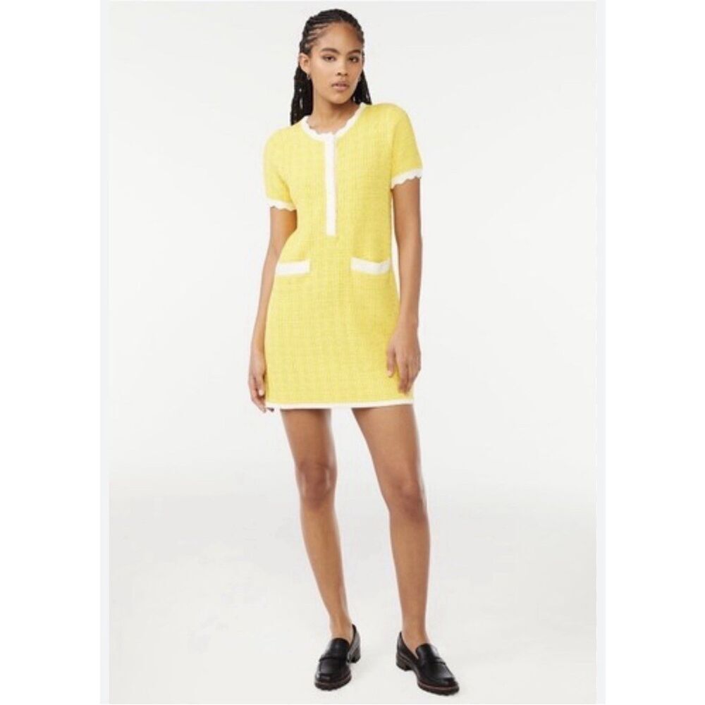 FREE ASSEMBLY WOMENS YELLOW KNIT MINI DRESS SCALLOPED TRIM Size M Retro